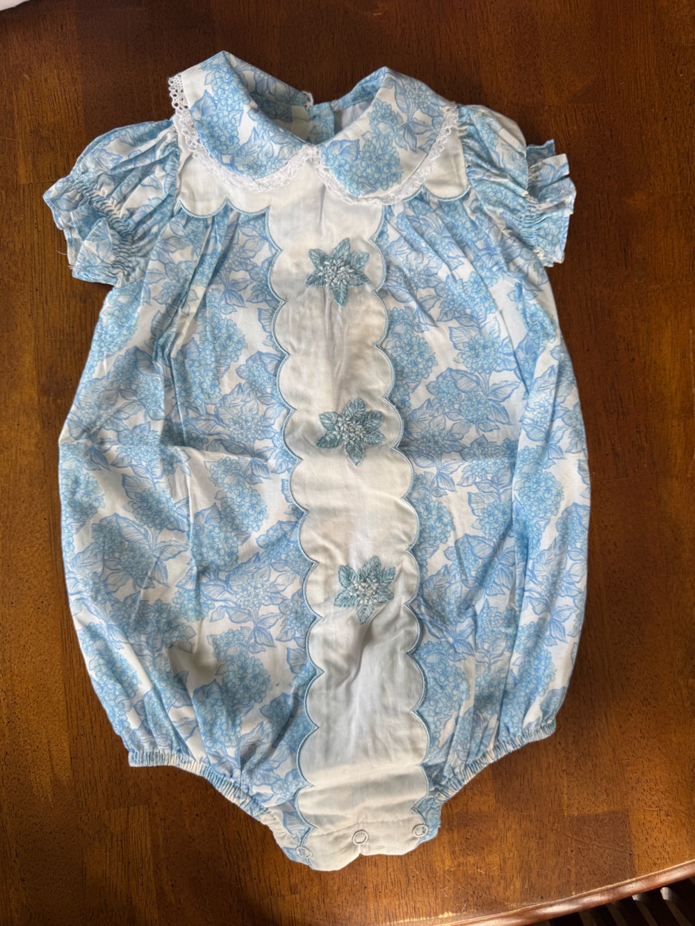 Blue Floral Baby One-Piece Romper with Scalloped Front